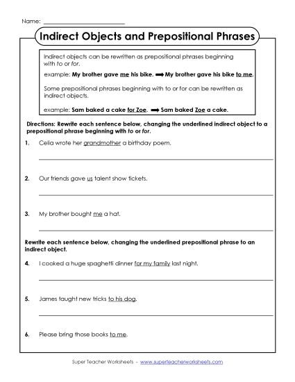 Indirect Objects and Prepositional Phrases (Printable PDF Worksheet)