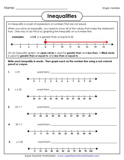 Basic Level: Positive Whole Numbers Only - Inequalities (Basic) (Printable PDF Worksheet)