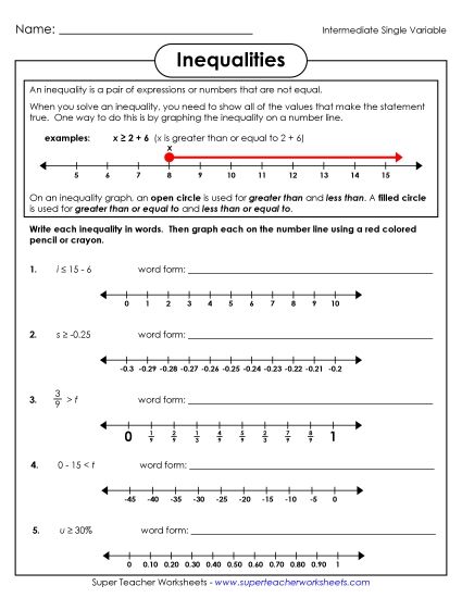 Intermediate Level: Pos & Neg Numbers - Inequalities (Intermediate) (Printable PDF Worksheet)