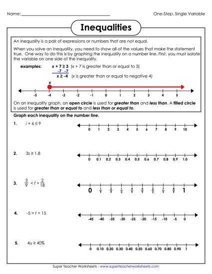 Intermediate Level (Includes Neg. Numbers & Decimals) - Inequalities (Intermediate) (Printable PDF Worksheet)