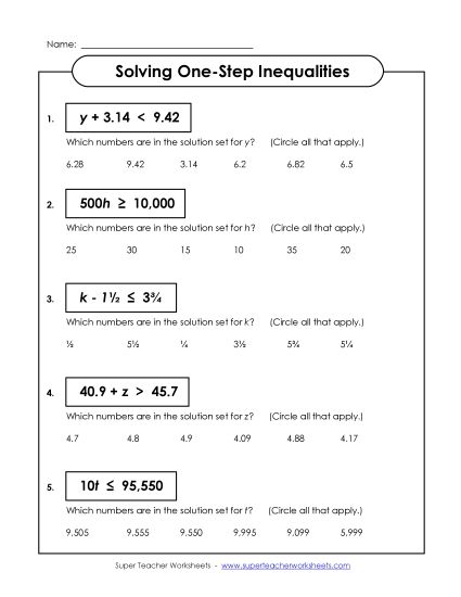 Intermediate Level (Includes Neg. Numbers & Decimals) - Inequalities: Solutions (Intermediate) (Printable PDF Worksheet)