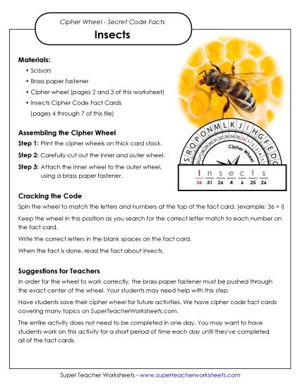Puzzles - Insect Facts: Cipher Wheel (Intermediate) (Printable PDF Worksheet)