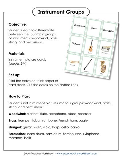 Sorting Card Game - Instrument Families Sorting Cards (Printable PDF Worksheet)