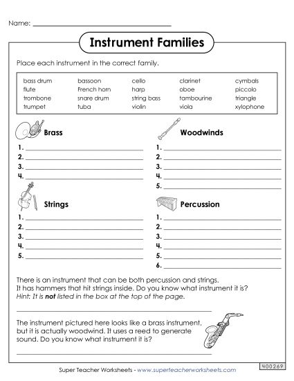 Worksheets - Instrument Group - Sort (Printable PDF Worksheet)