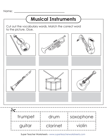 Cut & Paste Activities - Instrument Name Cut and Paste (Printable PDF Worksheet)