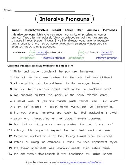 Reflexive & Intensive Pronouns - Intensive Pronouns (Printable PDF Worksheet)
