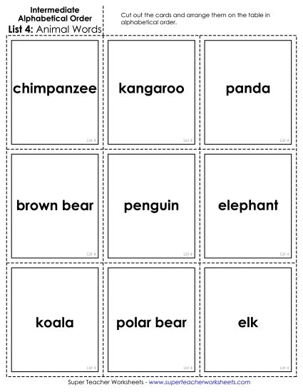 Intermediate ABC Order (Second & Third Letter) - Intermediate: Card Sort 1 (Printable PDF Worksheet)