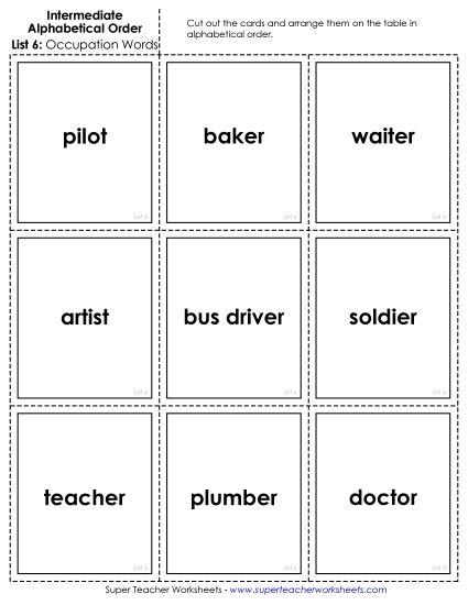 Intermediate ABC Order (Second & Third Letter) - Intermediate: Card Sort 3 (Printable PDF Worksheet)