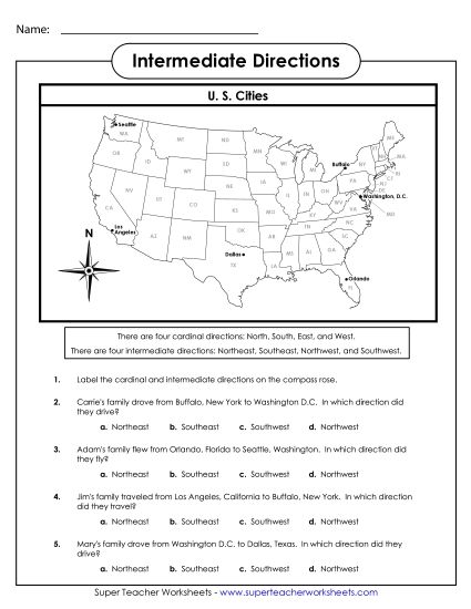 Basic Map Skills - Intermediate Directions (NE, NW, SE, SW) (Printable PDF Worksheet)