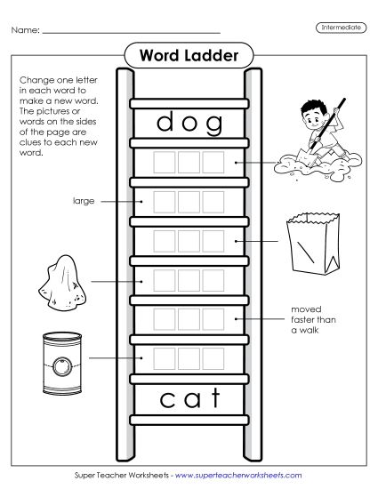 Level: Intermediate - Intermediate Word Ladder: Dog to Cat (Printable PDF Worksheet)