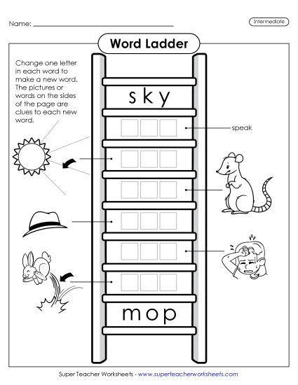 Level: Intermediate - Intermediate Word Ladder: Sky to Mop (Printable PDF Worksheet)