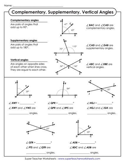 Complementary, Supplementary, & Vertical Angles - Introduction to Complementary, Supplementary, & Vertical (Printable PDF Worksheet)