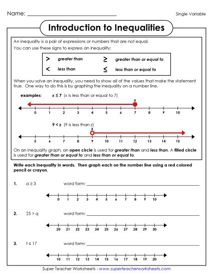Basic Level: Positive Whole Numbers Only - Introduction to Inequalities (Basic) (Printable PDF Worksheet)