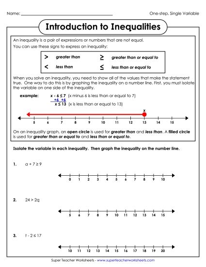 Basic Level (Whole Numbers Only) - Introduction to Inequalities (Basic) (Printable PDF Worksheet)