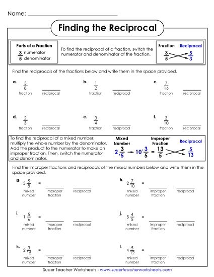Introduction to  Reciprocals (Printable PDF Worksheet)