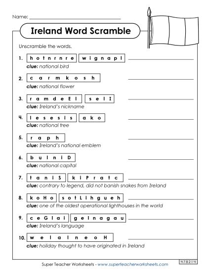 Puzzles - Ireland Word Scramble (Printable PDF Worksheet)
