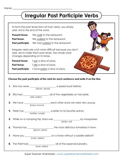 Verb Tenses - Irregular Past Participle Verbs (Printable PDF Worksheet)