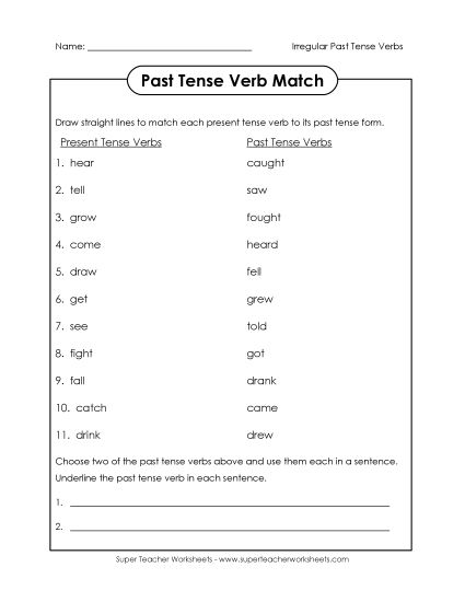 Verb Tenses - Irregular Past Tense Verb Match (Printable PDF Worksheet)