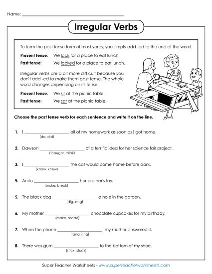 Verb Tenses - Irregular Past Tense Verbs (Printable PDF Worksheet)