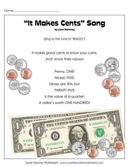 Word Wall Pocket Chart - 'It All Makes Cents' Song (Printable PDF Worksheet)
