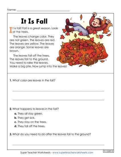 Short Passages - It Is Fall (Short Passage) (Printable PDF Worksheet)