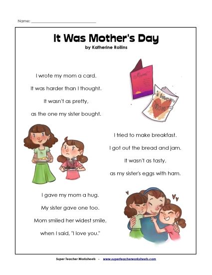 Reading Comprehension - It Was Mother's Day (Poem) (Printable PDF Worksheet)