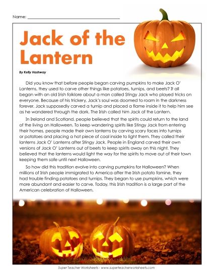 Reading Comprehension Non-Fiction - Jack of the Lantern  (Printable PDF Worksheet)