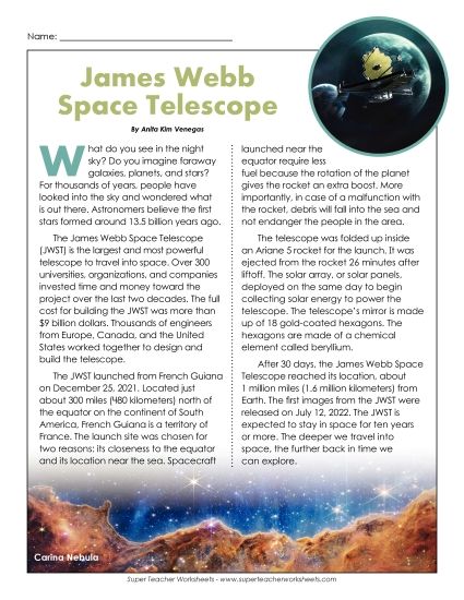 Articles with Questions - James Webb Space Telescope Article & Questions (Printable PDF Worksheet)