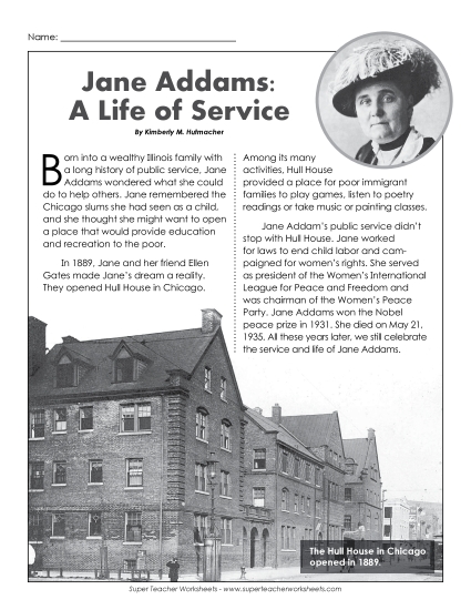 Jane Addams Biographical Passage (Printable PDF Worksheet)