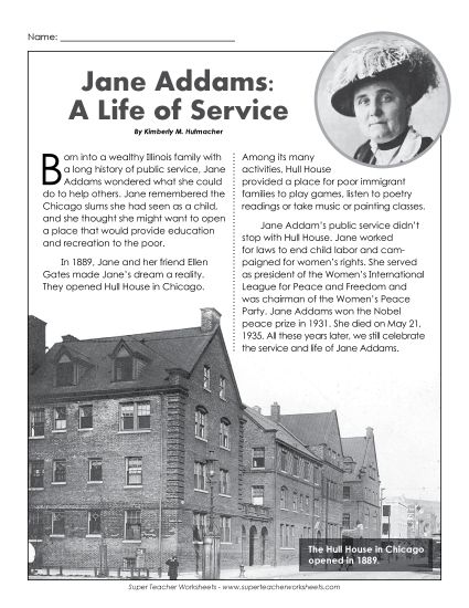 Biography - Jane Addams (Short, Biographical) (Printable PDF Worksheet)