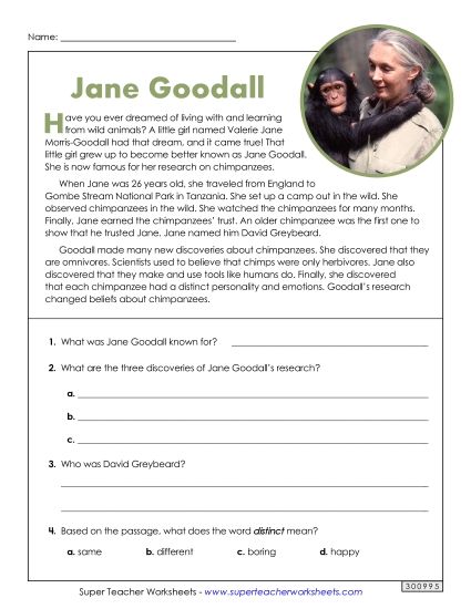 Reading Comprehension Articles - Jane Goodall (Short Passage) (Printable PDF Worksheet)