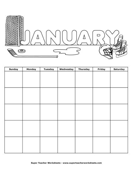 Blank Calendars for Kids - January Calendar (Hockey) (Printable PDF Worksheet)