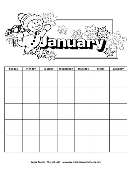 Blank Calendars for Kids - January Calendar (Winter) (Printable PDF Worksheet)