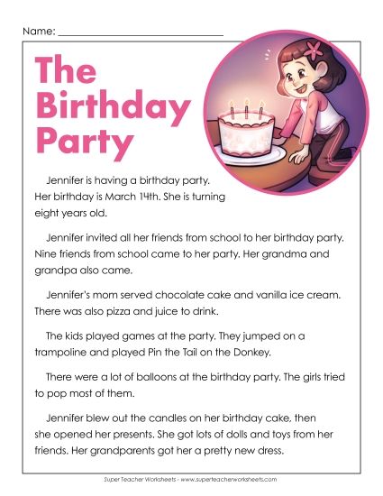 Fiction - Jennifer's Birthday Party (Printable PDF Worksheet)