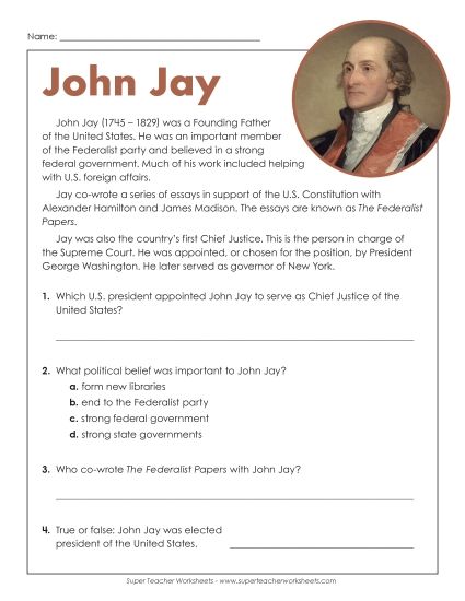 Biographies - John Jay (Printable PDF Worksheet)
