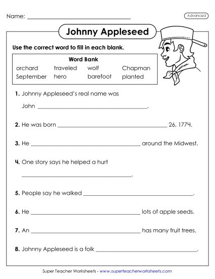 Johnny Appleseed Worksheets - Johnny Appleseed Cloze (Advanced) (Printable PDF Worksheet)