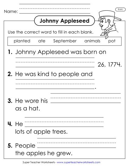 Johnny Appleseed Worksheets - Johnny Appleseed Cloze (Basic) (Printable PDF Worksheet)
