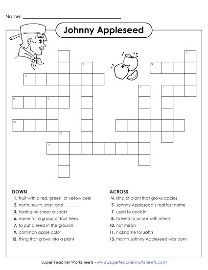 Johnny Appleseed Puzzles - Johnny Appleseed Crossword (Printable PDF Worksheet)