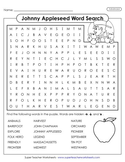 Johnny Appleseed Puzzles - Johnny Appleseed Word Search (Advanced) (Printable PDF Worksheet)