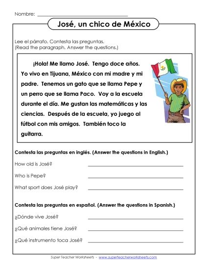 Short Passages (Level: Basic) - José, Un Chico de México (Printable PDF Worksheet)