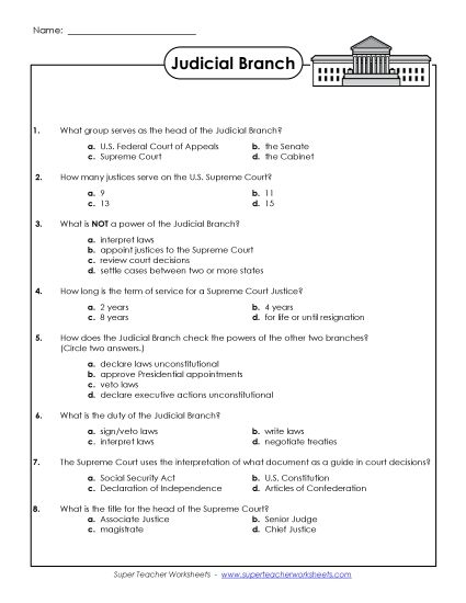 Worksheets - Judicial Branch Questions (Printable PDF Worksheet)