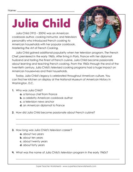 Biography - Julia Child (Printable PDF Worksheet)