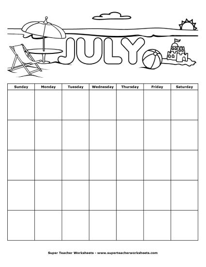 Calendars - July Summer Calendar (Blank) (Printable PDF Worksheet)
