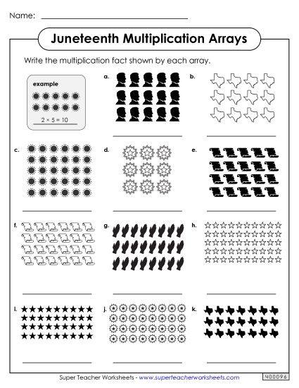 Math Worksheets - Juneteenth Multiplication Arrays (Printable PDF Worksheet)