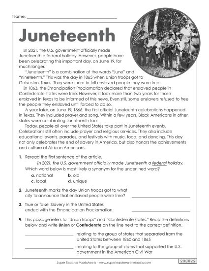 Reading Comprehension - Juneteenth (Printable PDF Worksheet)