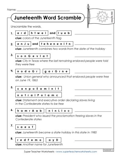 Puzzles - Juneteenth Word Scramble (Printable PDF Worksheet)