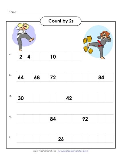 Skip Count by 2s - Karate: Count by 2s (Printable PDF Worksheet)
