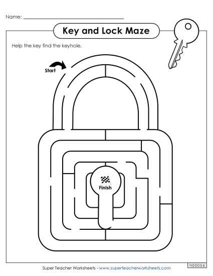 Easy - Key and Lock Maze - Easy (Printable PDF Worksheet)