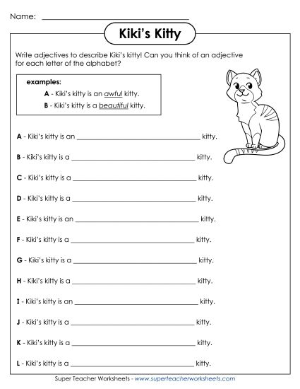 Basic Adjectives - Kiki's Kitty (Printable PDF Worksheet)