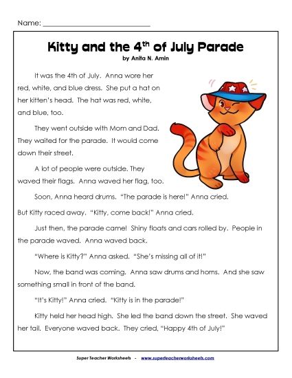 Reading - Kitty and the 4th of July Parade Story (Printable PDF Worksheet)
